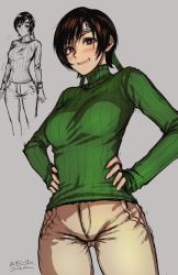 Rule 34 | 1girl, breasts, brown eyes, brown hair, brown pants, final fantasy, final fantasy vii, forehead protector, gluteal fold, green sweater, grey background, grin, hands on own hips, highres, medium breasts, medium hair, pants, ribbed sweater, sgk, signature, sketch, smile, solo, sweater, turtleneck, turtleneck sweater, yuffie kisaragi