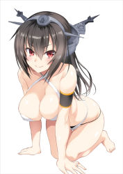 Rule 34 | 10s, 1girl, all fours, armband, barefoot, bikini, black hair, black panties, breasts, cleavage, closed mouth, collarbone, criss-cross halter, eyebrows, hair between eyes, halterneck, hanging breasts, headgear, highleg, highleg bikini, highleg panties, inuzumi masaki, jewelry, kantai collection, kantai collection (anime), long hair, medium breasts, nagato (kancolle), panties, red eyes, ring, solo, swimsuit, thigh gap, underwear, white background, white bikini
