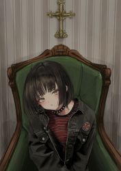Rule 34 | 1girl, absurdres, armchair, black hair, black jacket, blunt bangs, blush, chair, collar, cross, gishiki (gshk), head tilt, highres, jacket, latin cross, leather, leather jacket, looking at viewer, medium hair, on chair, open clothes, open jacket, original, parted lips, red shirt, shirt, sitting, solo, spiked collar, spikes, striped clothes, striped shirt, yellow eyes