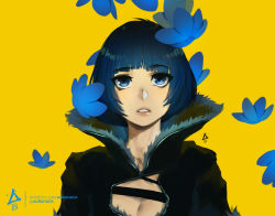 Rule 34 | 1girl, aurahack, blue eyes, blue flower, blue hair, bob cut, breasts, cleavage, cleavage cutout, clothing cutout, collared jacket, flower, jacket, original, parted lips, short hair, signature, solo, upper body, watermark, web address, yellow background