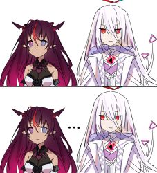 Rule 34 | 1girl, 1other, absurdres, bare shoulders, blouse, blue eyes, commentary, demon horns, heterochromia, highres, hololive, hololive english, horns, irys (hololive), jacket, jitome, long hair, multicolored hair, omega alpha, pointy ears, purple eyes, rakku (rkrmz0n), red eyes, red hair, shirt, sketch, streaked hair, upper body, virtual youtuber, white hair, white jacket, white shirt