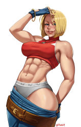 Rule 34 | 1girl, abs, blue eyes, blue mary, blush, fatal fury, hand on own head, highres, looking at viewer, mootium, muscular, muscular female, short hair, simple background, smile, snk, the king of fighters, the king of fighters xv, underwear, white background