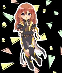Rule 34 | 1girl, black background, black dress, black footwear, blonde hair, blush, boots, brown hair, chibi, covered navel, dress, finger to mouth, highres, looking at viewer, macross, macross delta, macross delta: zettai live!!!!!!, multicolored hair, osakana (sasawo9090), purple eyes, solo, streaked hair, thigh boots, thighhighs, yami kaname