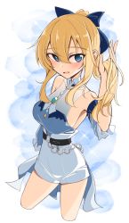 Rule 34 | 1girl, absurdres, armpits, bare shoulders, blonde hair, blouse, blue eyes, blush, bow, breasts, casual, cropped legs, detached sleeves, frilled sleeves, frills, genshin impact, hair bow, hair ribbon, half-closed eyes, hand in own hair, highres, jean (genshin impact), jean (sea breeze dandelion) (genshin impact), long hair, medium breasts, open mouth, ponytail, ribbon, shirt, shorts, sideboob, sleeveless, smile, solo, wataru (nextlevel)