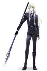 Rule 34 | 1boy, alternate costume, belt, blonde hair, blue eyes, bluespeaker, closed mouth, collared shirt, fate/grand order, fate (series), fionn mac cumhaill (fate/grand order), formal, full body, gloves, holding, holding polearm, holding weapon, jacket, long hair, long sleeves, male focus, necktie, pants, polearm, shirt, simple background, smile, solo, suit, weapon, white background