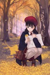 Rule 34 | 1girl, autumn, autumn leaves, bag, bench, beret, black eyes, black hair, black jacket, blunt bangs, blurry, clothes between thighs, cross-laced footwear, depth of field, drawing, forest, full body, ginkgo tree, grey eyes, hat, highres, holding, jacket, kaoming, leaf, light rays, long hair, long sleeves, nature, neck ribbon, notebook, original, outdoors, pale skin, pantyhose, pencil, red skirt, ribbon, school uniform, shoes, shoulder bag, sketchbook, skirt, smile, solo, squatting, sunbeam, sunlight, tree, white pantyhose, wind, wing collar