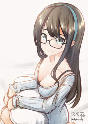 Rule 34 | 10s, 1girl, 2015, aqua eyes, artist name, bad id, bad pixiv id, black hair, blue hairband, breasts, cleavage, collarbone, dated, glasses, hairband, kantai collection, long hair, long sleeves, looking at viewer, medium breasts, nekobaka, ooyodo (kancolle), ribbed sweater, smile, solo, sweater