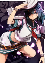 Rule 34 | 10s, 1girl, belt, blue eyes, bracelet, eyepatch, genyaky, hat, highres, holding, holding clothes, holding hat, jewelry, kantai collection, kiso (kancolle), kiso kai ni (kancolle), long hair, looking at viewer, machinery, midriff, petals, school uniform, serafuku, skirt, solo