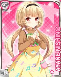 Rule 34 | 1girl, apron, blonde hair, bow, brown pants, brown sweater, card, character name, closed mouth, girlfriend (kari), gloves, headband, musical note, nishino ayane, official art, pants, pink background, pink bow, qp:flapper, red eyes, smile, solo, sweater, tagme, twintails, yellow apron