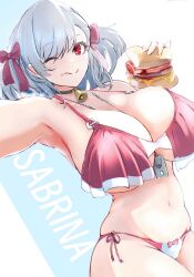 Rule 34 | 1girl, b-luck coffee, bell, bikini, blue background, bow, breasts, burger, character name, cleavage, closed mouth, commentary, curvy, english commentary, food, girls&#039; frontline, girls&#039; frontline 2: exilium, grey hair, hair bow, highres, holding, holding burger, holding food, jewelry, large breasts, looking at viewer, medium hair, navel, neck bell, necklace, official alternate costume, one eye closed, pink bikini, pink bow, red eyes, side-tie bikini bottom, simple background, skindentation, smile, solo, spas-12 (girls&#039; frontline), stomach, swimsuit, tongue, tongue out, two-tone background, two-tone bikini, white background, white bikini
