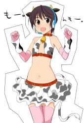 Rule 34 | 10s, 1girl, :d, alternate breast size, animal ears, animal print, bare shoulders, bell, black hair, brown eyes, collar, cow ears, cow horns, cow print, cow tail, cowbell, deden, elbow gloves, flat chest, gloves, headset, horns, idolmaster, idolmaster cinderella girls, midriff, navel, neck bell, oikawa shizuku, open mouth, pink thighhighs, short hair, skirt, smile, solo, tail, thighhighs, white background
