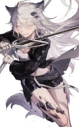 Rule 34 | animal ears, arknights, black footwear, black jacket, black shorts, breasts, bujianchuan1, character request, cleavage, commentary request, dual wielding, fangs, fingerless gloves, gloves, grey eyes, hair ornament, hairclip, highres, holding, holding sword, holding weapon, jacket, lappland (arknights), material growth, medium breasts, open clothes, open jacket, open mouth, oripathy lesion (arknights), scar, scar across eye, scar on face, short shorts, shorts, sword, tail, weapon, white background, wide sleeves, wolf ears, wolf girl, wolf tail