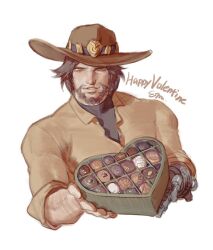 Rule 34 | 1boy, box, box of chocolates, brown hair, brown shirt, cassidy (overwatch), chocolate, cowboy hat, et.m, facial hair, happy valentine, hat, heart-shaped box, holding, holding box, male focus, mechanical arms, one eye closed, overwatch, overwatch 1, shirt, short hair, simple background, single mechanical arm, smile, solo, upper body, white background