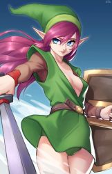 Rule 34 | absurdres, blue eyes, blue sky, breasts, cameltoe, cleavage, genderswap, genderswap (mtf), green tunic, highres, link, link (shounen captain), linka, nintendo, pink hair, shield, sky, small breasts, sword, the legend of zelda, the legend of zelda: a link to the past, thighs, tunic, weapon, x xith x
