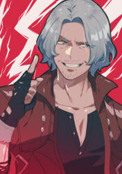 Rule 34 | 1boy, black shirt, blue eyes, coat, dante (devil may cry), devil may cry (series), devil may cry 5, fingerless gloves, gloves, looking to the side, male focus, pointing, pointing up, red background, red coat, shirt, smile, white hair