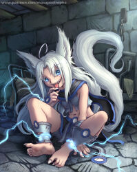 Rule 34 | 1girl, 2020, ahoge, animal ears, anklet, bare shoulders, barefoot, blue eyes, breasts, collarbone, commentary, commission, dirty, electricity, english commentary, evil smile, falsetto (voleno), feral child, fingernails, fox ears, fox girl, fox tail, freckles, hand on floor, jewelry, long tail, long toenails, magic, maxa&#039;, medieval, midriff, navel, on floor, original, pale skin, prison cell, scratches, sharp fingernails, sharp teeth, sharp toenails, signature, sitting, small breasts, smile, soles, solo, stone floor, stone wall, tail, teeth, toenails, tongue, tongue out, torn clothes, white fur, white hair, wiggling toes