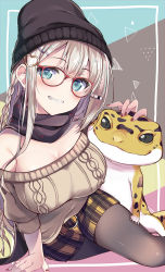 Rule 34 | 1girl, animal, aqua eyes, arm support, bare shoulders, beanie, black hat, black pantyhose, black scarf, blush, braid, breasts, brown sweater, cleavage, commentary request, glasses, grin, hair ornament, hairclip, hat, heart, heart hair ornament, highres, kaniya shiku, large breasts, lizard, long hair, looking at viewer, nail polish, off shoulder, original, pantyhose, petting, plaid, plaid shorts, puffy short sleeves, puffy sleeves, red-framed eyewear, red nails, scarf, short sleeves, shorts, sidelocks, silver hair, smile, solo, sweater, teeth