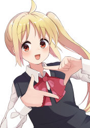 Rule 34 | 1girl, :d, ahoge, black sweater vest, blonde hair, bocchi the rock!, bow, bowtie, finger frame, highres, ijichi nijika, long sleeves, nyagonya21, open mouth, red bow, red bowtie, red eyes, side ponytail, sidelocks, smile, solo, sweater vest, upper body, white background