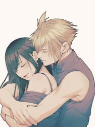 1boy 1girl bare_arms bare_shoulders black_hair blonde_hair blue_sweater bra_strap closed_mouth cloud_strife commentary_request couple earrings final_fantasy final_fantasy_vii final_fantasy_vii_rebirth final_fantasy_vii_remake from_side highres hug hug_from_behind jewelry light_smile lips long_hair mixmomo_yah off-shoulder_shirt off_shoulder ribbed_sweater shirt short_hair simple_background single_earring sleeveless sleeveless_turtleneck spiked_hair stud_earrings sweater swept_bangs teardrop_earrings tifa_lockhart turtleneck turtleneck_sweater upper_body