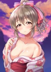 Rule 34 | 1girl, bare shoulders, blurry, blurry background, blush, breasts, brown eyes, brown hair, cleavage, closed mouth, cloud, cloudy sky, collarbone, commentary request, dated, evening, floral print, flower, hair between eyes, hair flower, hair ornament, hair ribbon, hand up, head tilt, high ponytail, highres, hori yuko, idolmaster, idolmaster cinderella girls, idolmaster cinderella girls starlight stage, japanese clothes, kimono, long sleeves, looking at viewer, medium breasts, obi, off shoulder, outdoors, pink flower, pink kimono, pink ribbon, ponytail, print kimono, purple sky, ribbon, sash, shiny skin, short hair, short ponytail, sidelocks, signature, sky, solo, sweat, tareme, upper body, yoohi, yukata