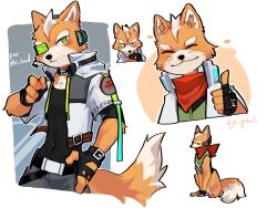Rule 34 | 1boy, animal ears, animal nose, animalization, bandana, black gloves, body fur, character name, closed eyes, closed mouth, commentary, fingerless gloves, fox, fox boy, fox ears, fox mccloud, fox tail, furry, furry male, gloves, green eyes, highres, jacket, male focus, multiple views, nintendo, open clothes, open jacket, orange fur, pruh, red bandana, simple background, smile, star fox, tail, thumbs up, white background