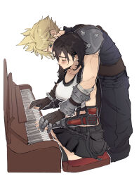 Rule 34 | 1boy, 1girl, armor, baggy pants, black gloves, black hair, black skirt, black sports bra, black thighhighs, blonde hair, blue eyes, blush, breasts, cloud strife, collarbone, commentary, couple, crop top, cropped legs, earrings, elbow gloves, english commentary, final fantasy, final fantasy vii, final fantasy vii rebirth, final fantasy vii remake, fingerless gloves, from side, gloves, hands on another&#039;s hands, instrument, jewelry, large breasts, long hair, looking down, midriff, music, pants, piano, piano bench, playing instrument, playing piano, pudelmudel, short hair, shoulder armor, single arm guard, single earring, sitting, skirt, sleeveless, sleeveless turtleneck, spiked hair, sports bra, standing, stud earrings, suspender skirt, suspenders, sweater, tank top, teardrop earrings, thighhighs, tifa lockhart, turtleneck, turtleneck sweater, white background, white tank top, zettai ryouiki
