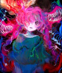 Rule 34 | 1girl, abstract, abstract background, braid, flower, green shirt, hair over one eye, highres, messy hair, monster, monster girl, neon palette, original, parted lips, pink hair, psychedelic, sharp teeth, shirt, solo, surreal, tabmur, teeth, twin braids, upper body