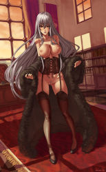 Rule 34 | 00s, 1girl, blush, book, bookshelf, breasts, breasts squeezed together, carpet, chair, cleft of venus, clothes down, coat, corset, curtains, female pubic hair, fur coat, garter belt, garter straps, high heels, highres, large breasts, legs, lips, long hair, looking at viewer, nail polish, nipples, no bra, no panties, open mouth, presenting, pubic hair, pussy, red eyes, red theme, revision, selvaria bles, senjou no valkyria, senjou no valkyria (series), senjou no valkyria 1, shadow, solo, speh, standing, table, thighhighs, topless, uncensored, undressing, very long hair, white hair, window