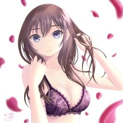 Rule 34 | 1girl, artist name, blue eyes, bra, breasts, brown hair, cleavage, closed mouth, commentary, hands in hair, highres, long hair, looking at viewer, medium breasts, original, osumi izumi, petals, signature, simple background, smile, solo, underwear, underwear only, upper body, white background