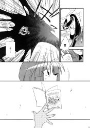 Rule 34 | absurdres, alternate costume, book, comic, greyscale, hand up, highres, long hair, monochrome, monster, patchouli knowledge, remilia scarlet, sound effects, touhou, translation request, tree