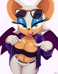 Rule 34 | 1girl, absurdres, bat wings, belt, black belt, black tube top, breasts, cleavage, cranihum, eyewear on head, furry, furry female, gloves, green eyes, highres, large breasts, looking at viewer, midriff, open clothes, open mouth, open shirt, pants, purple shirt, rouge the bat, shirt, signature, simple background, solo, sonic (series), strapless, sunglasses, teeth, the murder of sonic the hedgehog, tube top, upper teeth only, watermark, white background, white gloves, white pants, wings
