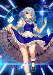 Rule 34 | 1girl, apron, binary, blue background, braid, card, clothes lift, frown, glint, gradient background, hair ribbon, highres, izayoi sakuya, knife, looking at viewer, maid headdress, mam (weizhima23), playing card, pocket watch, puffy short sleeves, puffy sleeves, red eyes, ribbon, short hair, short sleeves, silver hair, skirt, skirt lift, skirt set, socks, solo, standing, standing on one leg, too many, too many knives, touhou, tress ribbon, twin braids, waist apron, watch