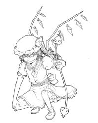 Rule 34 | 1girl, ascot, back bow, bobby socks, bow, closed mouth, crystal, fingernails, flandre scarlet, frilled shirt collar, frilled skirt, frilled sleeves, frills, full body, greyscale, hair between eyes, hand on own knee, hat, holding, holding polearm, holding weapon, laevatein (touhou), mary janes, medium hair, mob cap, monochrome, one side up, polearm, puffy short sleeves, puffy sleeves, sharp fingernails, shirt, shoes, short sleeves, skirt, socks, solo, squatting, touhou, vest, weapon, wings, xueying hong