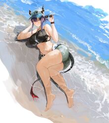Rule 34 | 1girl, arknights, beach, black shorts, ch&#039;en (arknights), dragon girl, dragon horns, dragon tail, fur-tipped tail, highres, horns, horns through headwear, lying, navel, official alternate costume, on side, red eyes, shorts, solo, swimsuit, tail, thick thighs, thighs, yuki flourish