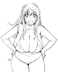 Rule 34 | 1girl, belly, breasts, character request, ganto, hands on own hips, happy, headphones, huge breasts, long hair, looking at viewer, monochrome, navel, nitroplus, plump, simple background, smile, super sonico
