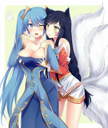 Rule 34 | 2girls, ;o, ?, ahri (league of legends), animal ears, bad id, bad tumblr id, bare shoulders, black hair, blue eyes, blue hair, blush, braid, grabbing another&#039;s breast, breasts, cleavage, detached sleeves, dress, facial mark, flying sweatdrops, fox ears, fox tail, from side, grabbing, grabbing from behind, groping, hair between eyes, large breasts, league of legends, long hair, looking at another, multiple girls, multiple tails, mylovelydevil, one eye closed, open mouth, parted lips, sidelocks, simple background, slit pupils, sona (league of legends), speech bubble, spoken question mark, standing, tail, taut clothes, twintails, very long hair, whisker markings, wide sleeves, wince, yellow eyes, yuri