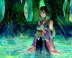 Rule 34 | 00s, 1girl, bad id, bad pixiv id, blue eyes, brown hair, detached sleeves, final fantasy, final fantasy x, green eyes, heterochromia, japanese clothes, jewelry, necklace, solo, water, yugoromo, yuna, yuna (ff10)