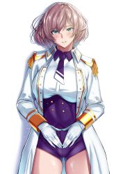 Rule 34 | 1girl, blue eyes, blush, collared shirt, corset, gloves, gridman universe, highres, jacket, looking at viewer, military jacket, mujina, necktie, open clothes, open jacket, parted lips, purple corset, purple neckwear, purple shorts, shirt, short hair, short necktie, shorts, solo, ssss.dynazenon, standing, thighs, underbust, white background, white gloves, white jacket, yuhica