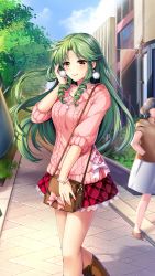 Rule 34 | 1girl, bag, boots, bracelet, brown footwear, closed mouth, doukyuusei, doukyuusei another world, earrings, floating hair, game cg, green hair, hair intakes, handbag, jewelry, knee boots, long hair, long sleeves, miniskirt, necklace, official art, pink sweater, plaid, plaid skirt, pleated skirt, red skirt, ribbed sweater, road, sakuma chiharu, skirt, smile, solo, solo focus, street, sweater, very long hair, yellow eyes