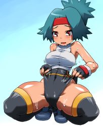 Rule 34 | 00s, 1girl, bad id, bad pixiv id, blue hair, breasts, brown eyes, creatures (company), game freak, hun (uyonis), large breasts, leotard, nintendo, pokemon, pokemon ranger, pokemon ranger 1, shoes, sneakers, solana (pokemon), solo, sweat, thick thighs, thighhighs, thighs, wide hips