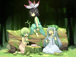 Rule 34 | 3girls, :d, aqua eyes, barefoot, bracelet, cake, cup, dress, closed eyes, flower, food, forest, grass, green eyes, green hair, hand to own mouth, jewelry, leaf, log, long hair, looking at viewer, messier number, moss, multiple girls, mushroom, nature, open mouth, original, plant girl, plate, pointy ears, purple eyes, purple hair, short hair, sitting, smile, teacup, tree stump, white hair