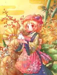 Rule 34 | 1girl, aki minoriko, apron, arinu, bamboo, bell, bird, black skirt, blonde hair, blush, bottle, chicken, chinese zodiac, floral print, food, fruit, grapes, hair ornament, hat, highres, japanese clothes, kimono, masu, new year, red eyes, rooster, short hair, skirt, smile, solo, touhou, tree, year of the rooster