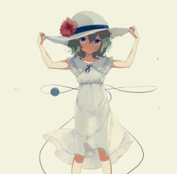 Rule 34 | 1girl, alternate costume, blue eyes, closed mouth, collarbone, commentary, dress, feet out of frame, green hair, grey background, hair between eyes, hat, highres, komeiji koishi, short hair, simple background, sleeveless, sleeveless dress, smile, solo, sun hat, sundress, symbol-only commentary, tami (joemanyodw), third eye, touhou, white dress, white hat
