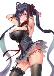 Rule 34 | 1girl, absurdly long hair, absurdres, armpits, arms behind head, azur lane, black hair, black panties, bow, breasts, covered navel, crossed bangs, detached sleeves, highres, jsiwji, large breasts, long hair, looking to the side, miniskirt, official alternate costume, panties, pleated skirt, red bow, red eyes, side-tie panties, simple background, single sleeve, skindentation, skirt, solo, taihou (azur lane), taihou (muse) (azur lane), thigh strap, underwear, very long hair, white background