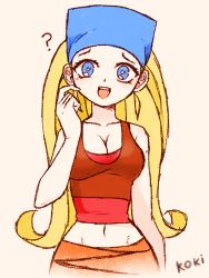 Rule 34 | 1girl, ?, artist name, bandana, blonde hair, blue bandana, blue eyes, breasts, cleavage, hand up, koki arts, large breasts, lindsay (total drama), long hair, looking at viewer, midriff, navel, open mouth, red tank top, simple background, smile, solo, tan background, tank top, total drama