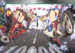 Rule 34 | 10s, 2girls, amatsukaze (kancolle), armadillo-tokage, ass, bare shoulders, bent over, black panties, blonde hair, blue skirt, bridal garter, brown eyes, elbow gloves, from behind, gloves, hexagon, kantai collection, looking at viewer, looking back, motor vehicle, motorcycle, multiple girls, panties, partially visible vulva, pleated skirt, red legwear, road, sailor collar, school uniform, serafuku, shimakaze (kancolle), shirt, silver hair, skirt, sleeveless, sleeveless shirt, striped clothes, striped legwear, striped thighhighs, thighhighs, thong, twintails, two side up, underwear, vehicle, wheel, white legwear