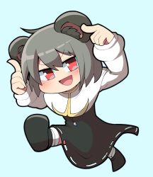 Rule 34 | 1girl, :d, animal ears, black footwear, black outline, blue background, blush, capelet, commentary request, cookie (touhou), crystal, dress, full body, grey dress, grey hair, highres, jewelry, long sleeves, madore, mouse ears, mouse girl, mouse tail, nazrin, nyon (cookie), open mouth, outline, pendant, red eyes, running, shirt, shoes, short hair, simple background, smile, socks, solo, tail, touhou, v-shaped eyebrows, white capelet, white shirt, white socks