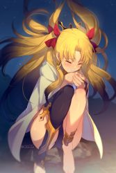 Rule 34 | 1girl, asymmetrical legwear, asymmetrical sleeves, black thighhighs, blonde hair, blush, bow, cloak, closed eyes, earrings, echo (circa), ereshkigal (fate), fate/grand order, fate (series), hair bow, infinity symbol, jewelry, knees up, long hair, night, night sky, open mouth, parted bangs, red bow, single sleeve, single thighhigh, sky, solo, squatting, thighhighs, thighs, tiara, two side up, uneven legwear, uneven sleeves, white cloak, wind, wind lift