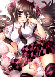 Rule 34 | 1girl, bad id, bad pixiv id, black thighhighs, blush, bow, bra, brown hair, checkered clothes, checkered skirt, feathers, hair bow, himekaidou hatate, lingerie, long hair, necktie, no headwear, no headwear, ooji cha, panties, pantyshot, pink panties, polka dot, polka dot panties, purple eyes, side-tie panties, skirt, solo, thighhighs, touhou, twintails, underwear, untied, upskirt