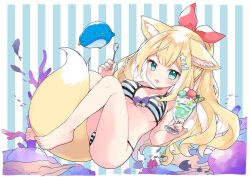 Rule 34 | 1girl, :d, animal ears, barefoot, bikini, blonde hair, breasts, fang, fish background, food, fox ears, fox girl, fox tail, full body, fuwafuwa-chan (kamiyoshi rika), glass, green eyes, kamiyoshi rika, large breasts, long hair, looking at viewer, multicolored hair, open mouth, original, ponytail, shaved ice, smile, spoon, striped bikini, striped clothes, swimsuit, tail, toes, two-tone hair, white hair